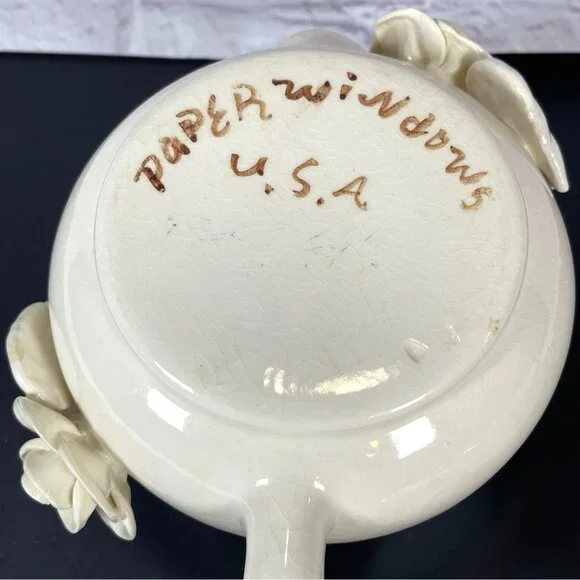 Stacked Ceramic Pottery Teapot Cup Set Paper Windows USA Floral Rose Cream VTG - Picture 8 of 16